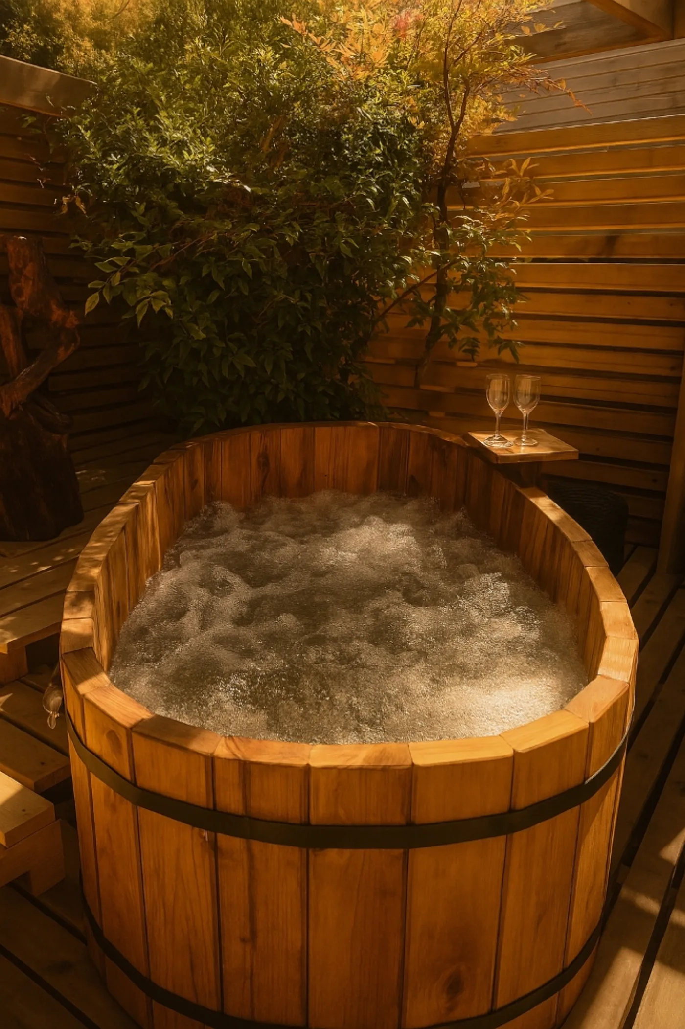 Tinaja privada de madera con agua caliente en Cabañas Pewma, Futrono